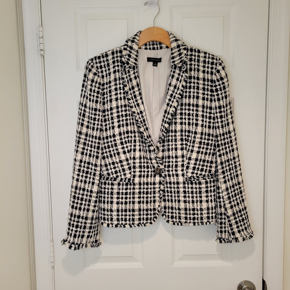 ANN TAYLOR TWEED Yellow Black and White Plaid Women's Blazer Sz 10 - Picture 2 of 15